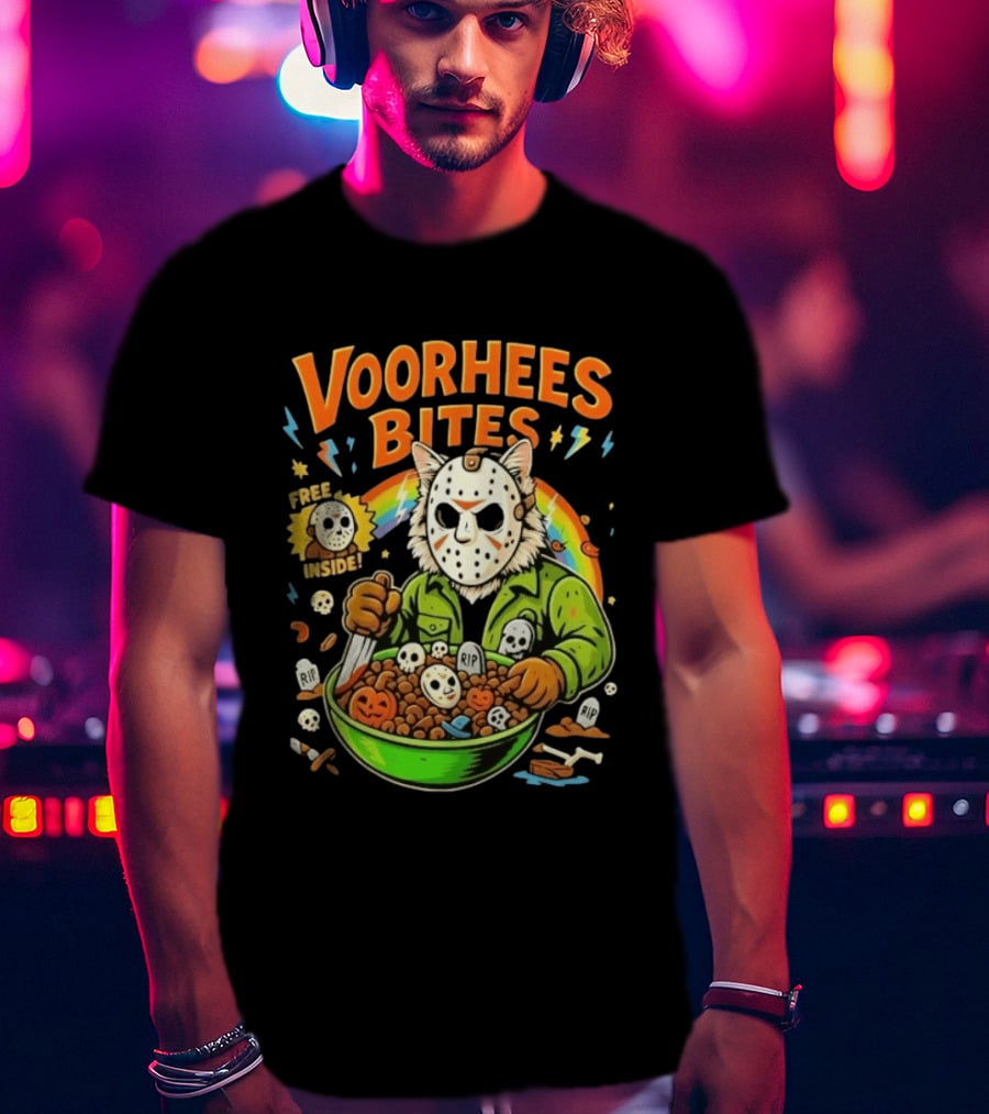 Voorhees Bites Jason Voorhees Cat Cereal Horror Mask Rainbow Feline Bowl Skeletons T-Shirt