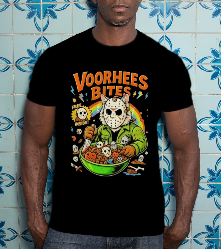 Voorhees Bites Jason Voorhees Cat Cereal Horror Mask Rainbow Feline Bowl Skeletons T-Shirt