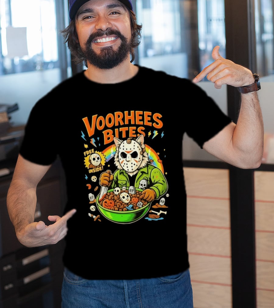 Voorhees Bites Jason Voorhees Cat Cereal Horror Mask Rainbow Feline Bowl Skeletons T-Shirt