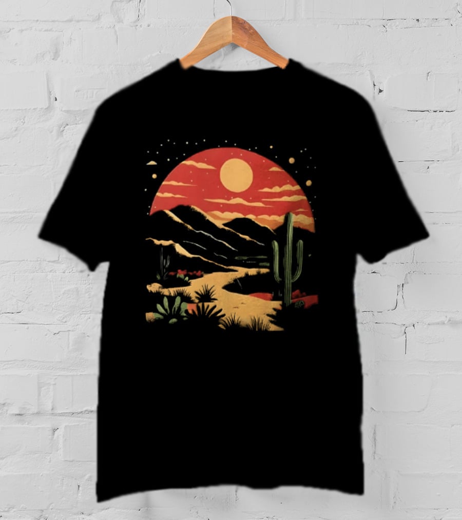 Sunset Sky Desert Saguaro Cactus Western Mountains Landscape Scene T-Shirt