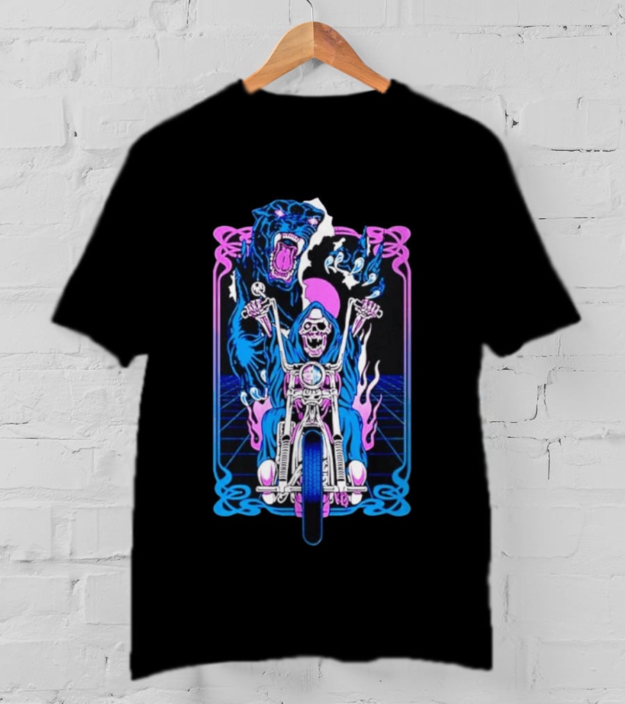 Grim Reaper Motorcycle Panther Retro Neon T-Shirt