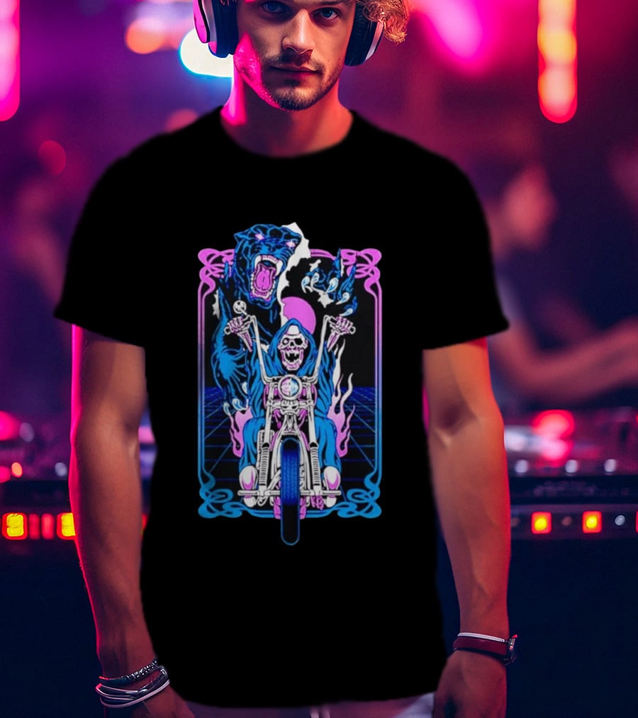Grim Reaper Motorcycle Panther Retro Neon T-Shirt