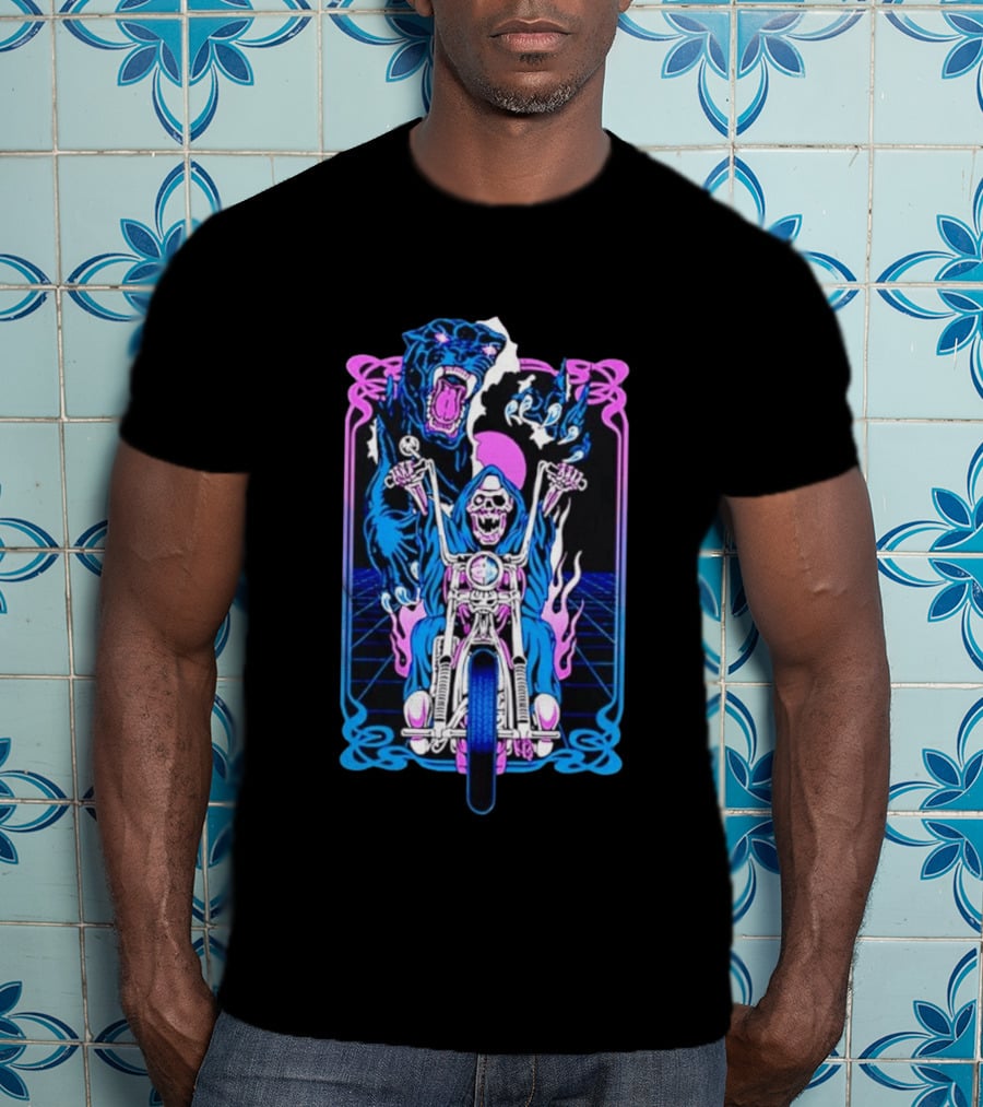 Grim Reaper Motorcycle Panther Retro Neon T-Shirt
