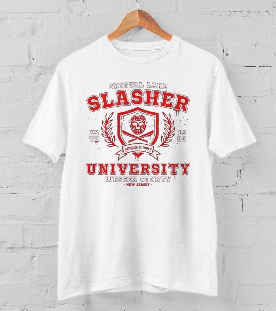 Crystal Lake Slasher University Estd 1980 Wessex County New Jersey Crest T-Shirt