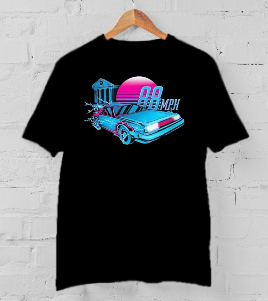 Back To The Future DeLorean 88 MPH Neon Style With Sunset And Tower T-Shirt