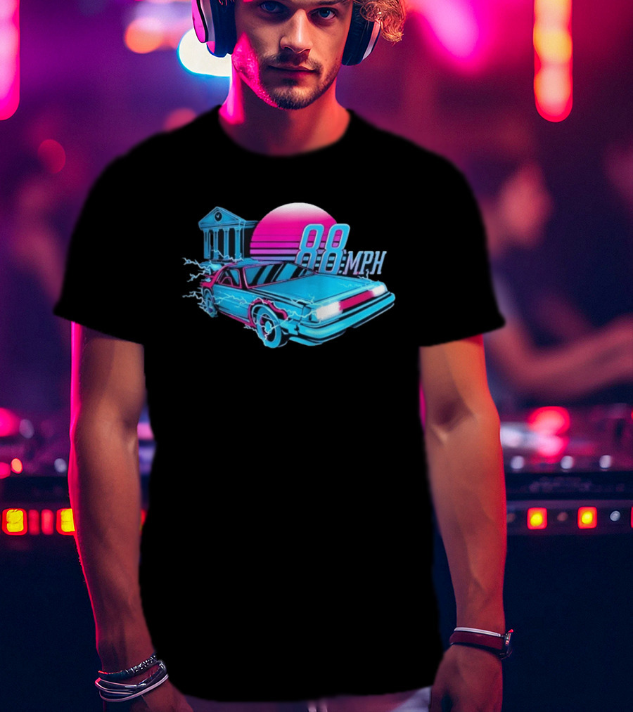 Back To The Future DeLorean 88 MPH Neon Style With Sunset And Tower T-Shirt