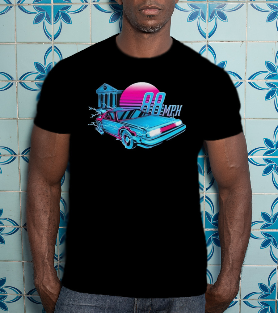 Back To The Future DeLorean 88 MPH Neon Style With Sunset And Tower T-Shirt