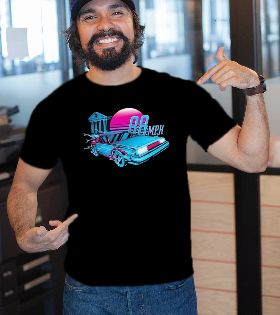 Back To The Future DeLorean 88 MPH Neon Style With Sunset And Tower T-Shirt