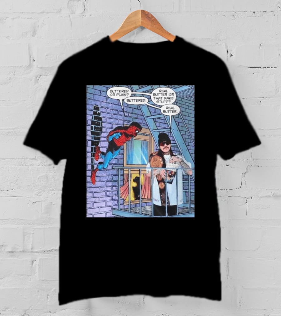 Spider Man Bret Hart Real Buttered Popcorn Balcony Scene T-Shirt