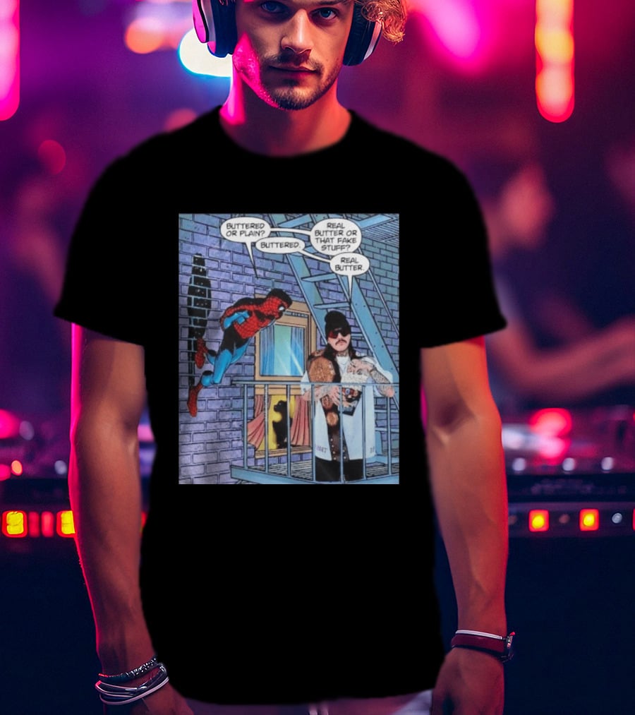 Spider Man Bret Hart Real Buttered Popcorn Balcony Scene T-Shirt