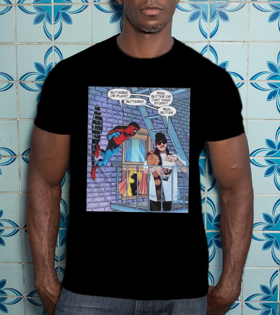 Spider Man Bret Hart Real Buttered Popcorn Balcony Scene T-Shirt