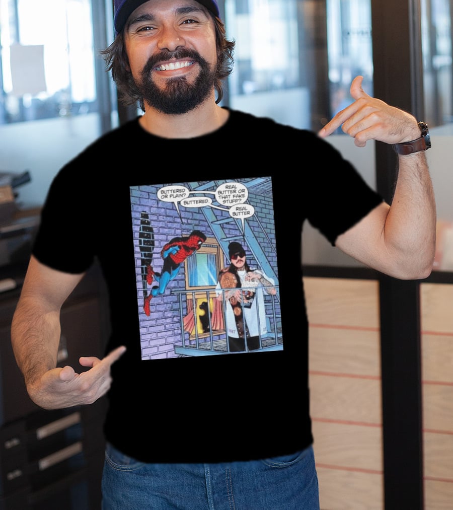 Spider Man Bret Hart Real Buttered Popcorn Balcony Scene T-Shirt