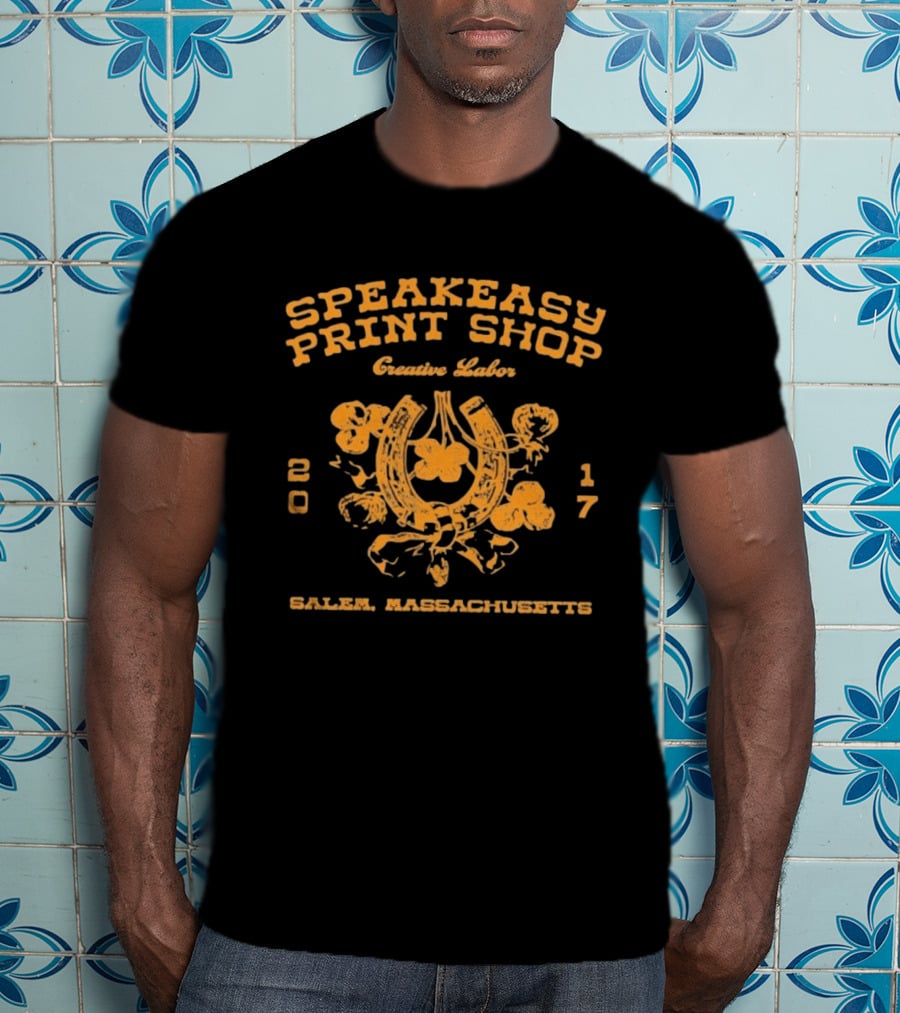 Speakeasy Print Shop Creative Labor Salem Massachusetts 2017 Horseshoe Floral T-Shirt