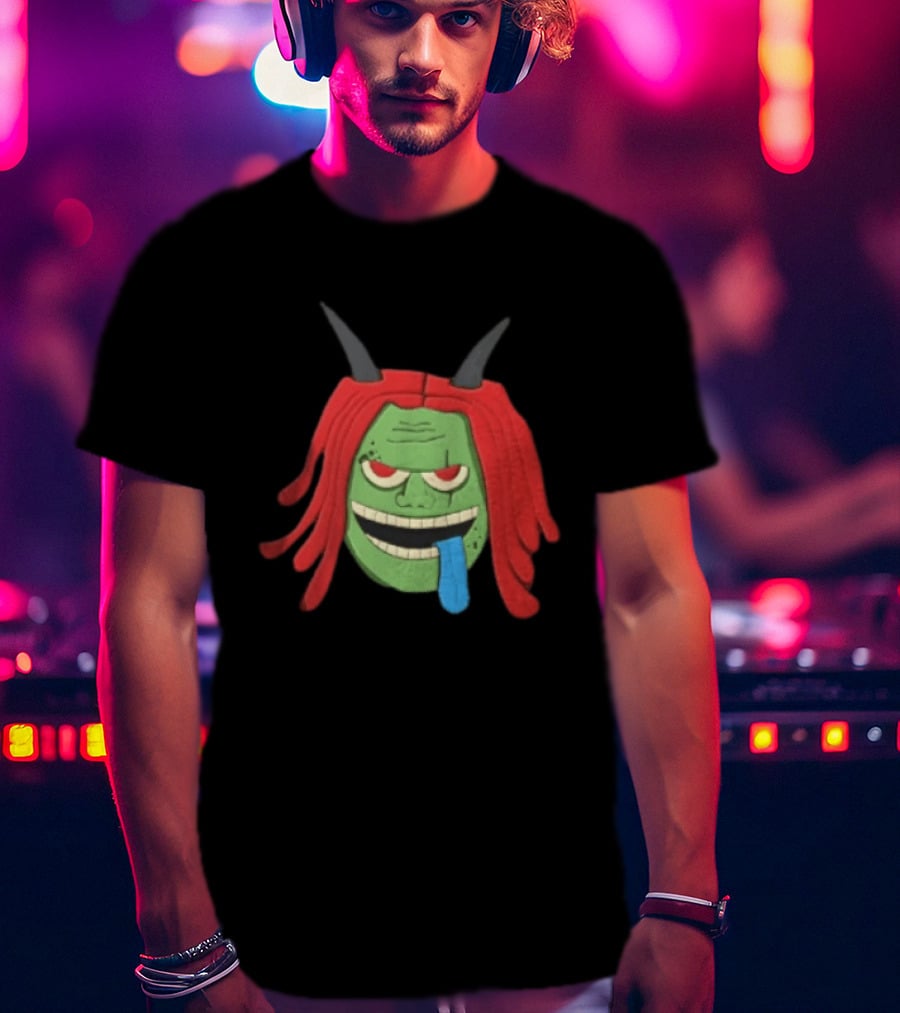 Trippie Redd Cartoon Green Devil Horns Red Hair Blue Tongue T-Shirt