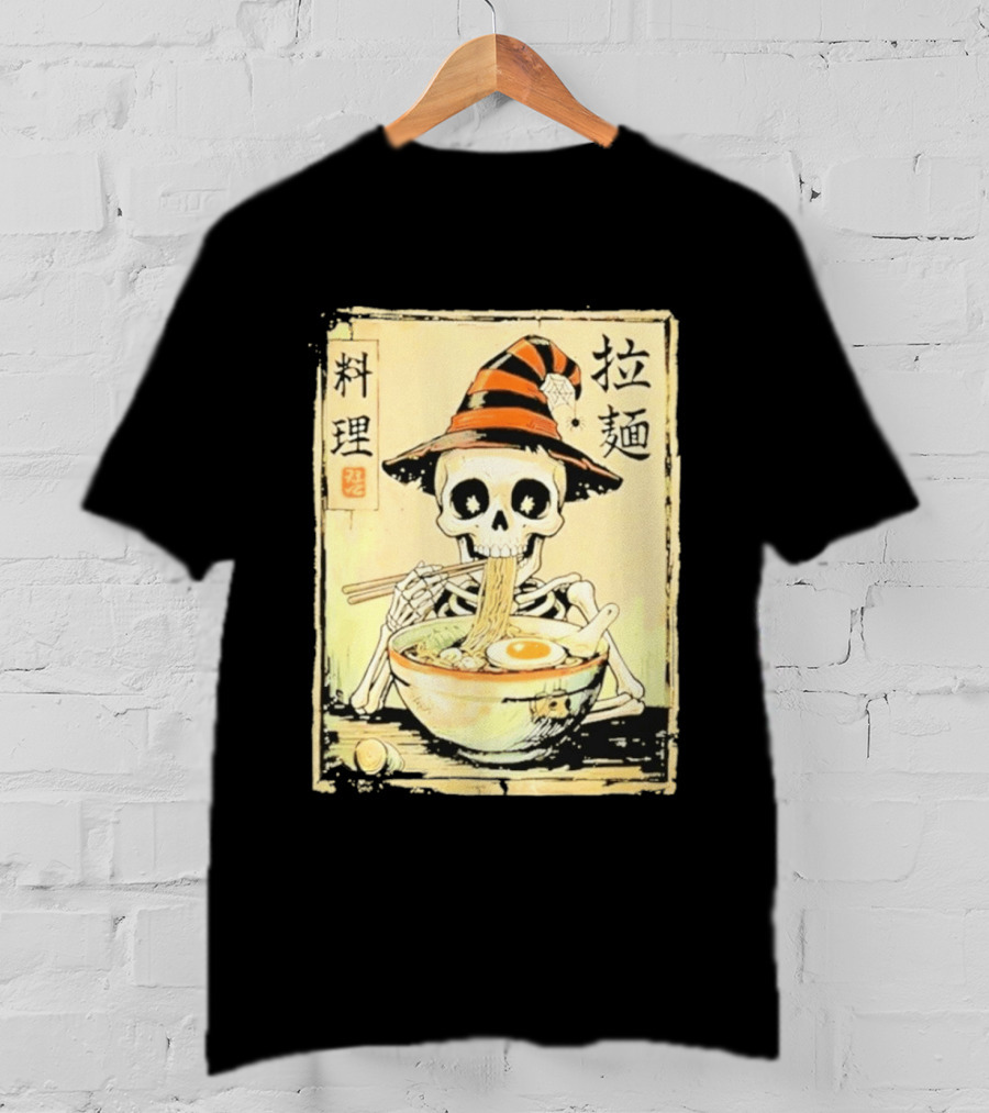 Witch Skeleton Eating Ramen With Japanese Kanji Characters T-Shirt