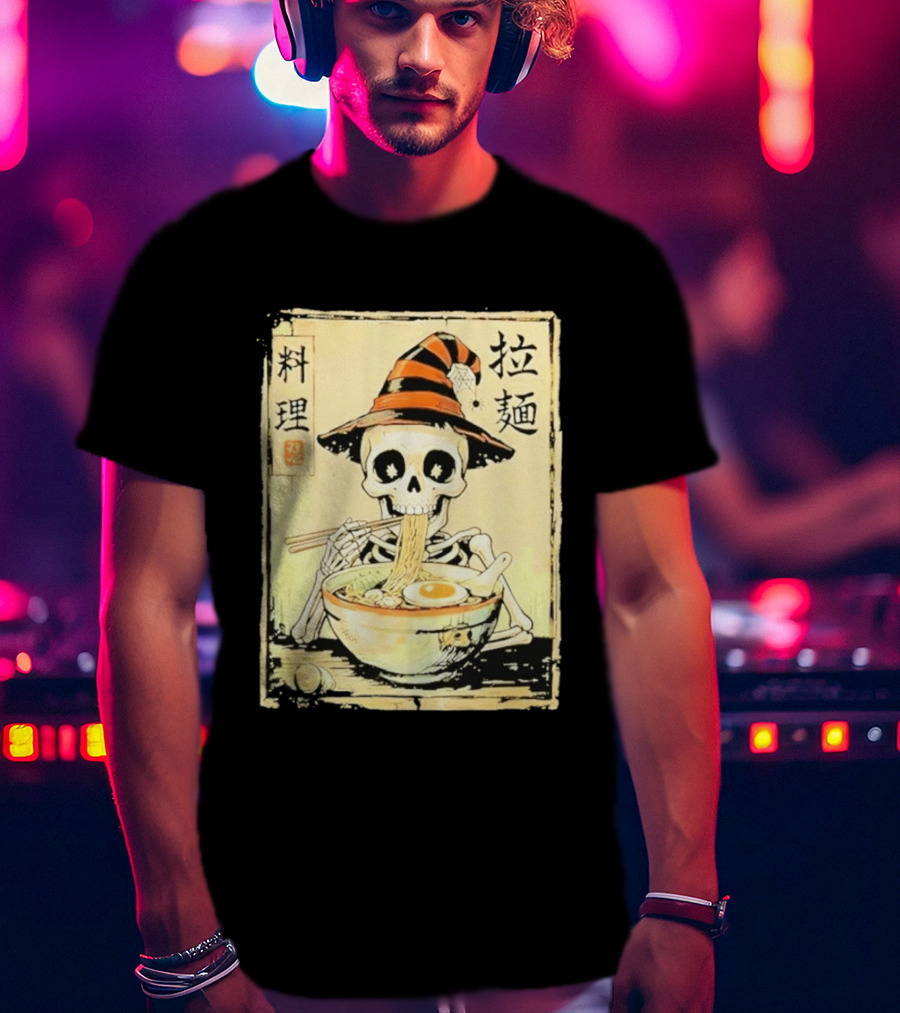 Witch Skeleton Eating Ramen With Japanese Kanji Characters T-Shirt