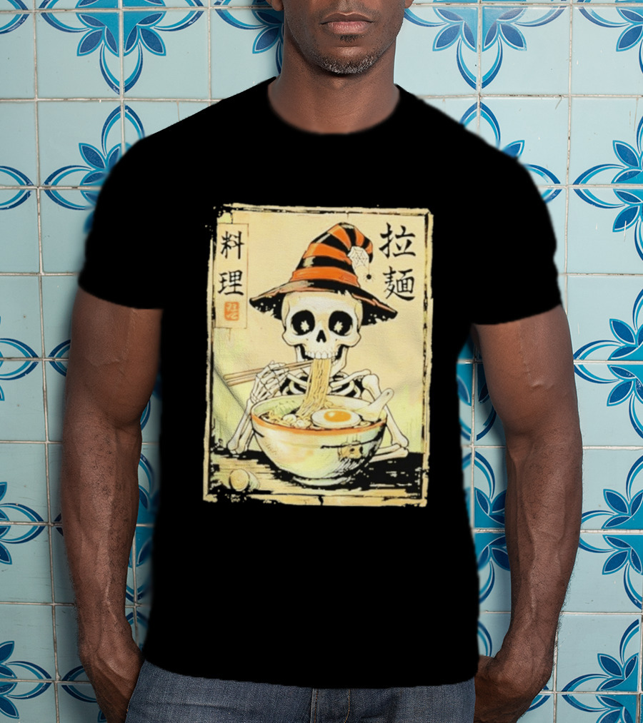 Witch Skeleton Eating Ramen With Japanese Kanji Characters T-Shirt