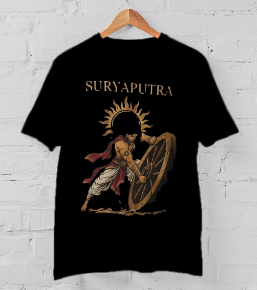Karna Suryaputra Mahabharata Warrior Lifting Wooden Chariot Wheel With Sun Halo T-Shirt