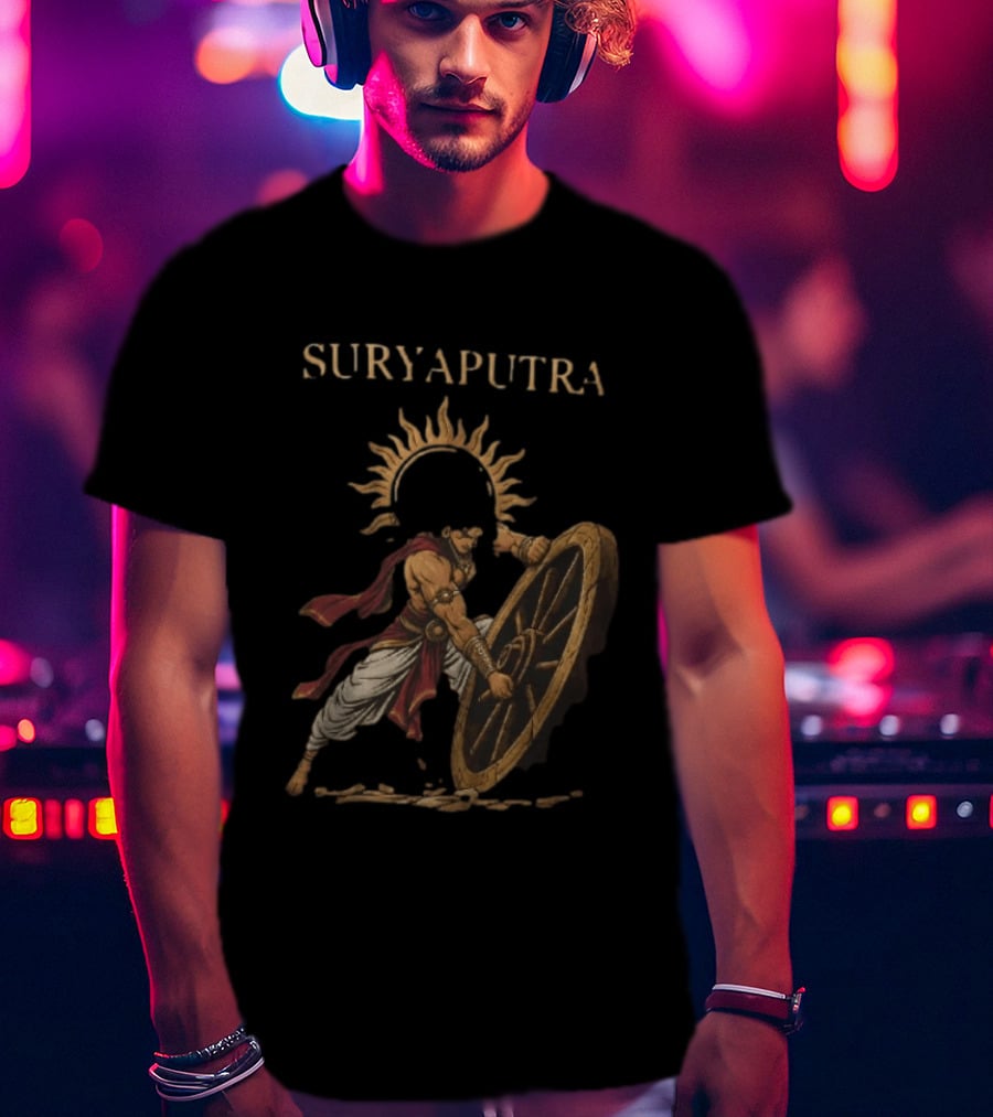 Karna Suryaputra Mahabharata Warrior Lifting Wooden Chariot Wheel With Sun Halo T-Shirt
