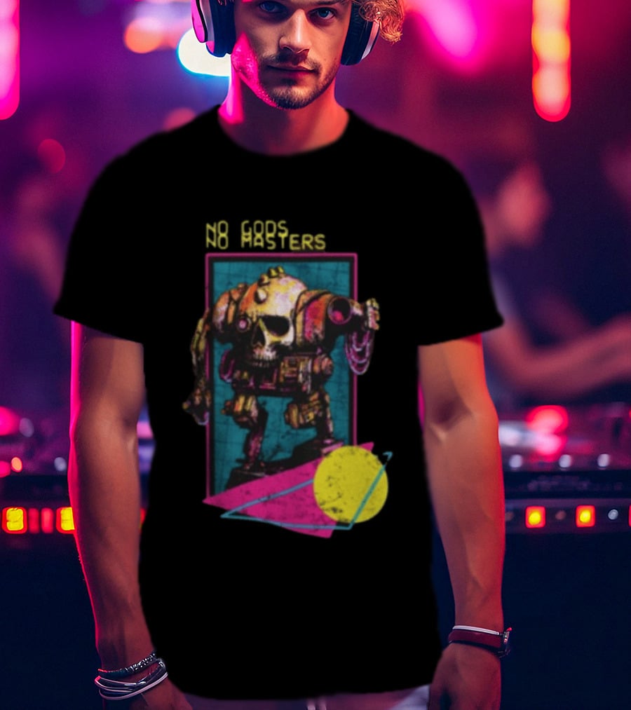 Black Magic Creative Store BMC No Gods No Masters Skull Robot T-Shirt
