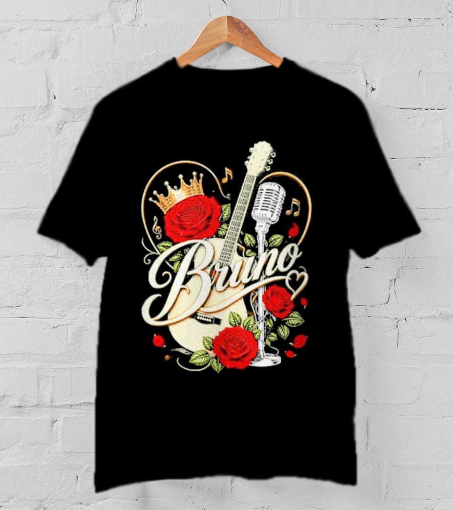 Bruno Rose Crown Guitar And Microphone With Music Notes T-Shirt