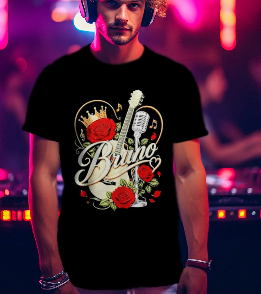 Bruno Rose Crown Guitar And Microphone With Music Notes T-Shirt