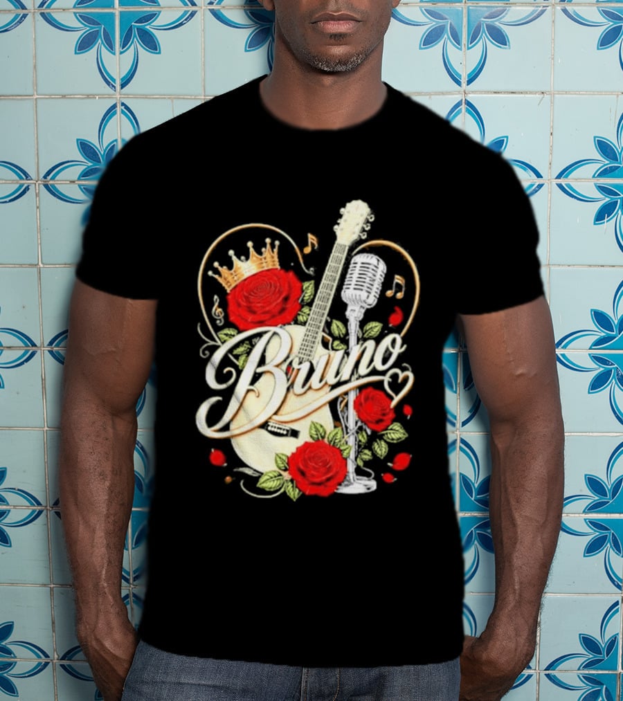 Bruno Rose Crown Guitar And Microphone With Music Notes T-Shirt