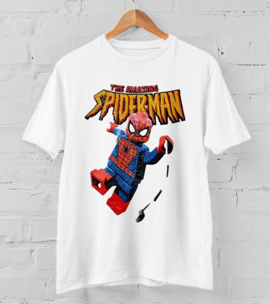 Spider Man The Amazing Lego Minifigure Swinging On Web Iconic Marvel Hero T-Shirt