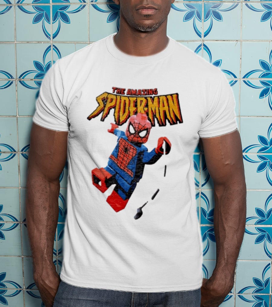 Spider Man The Amazing Lego Minifigure Swinging On Web Iconic Marvel Hero T-Shirt