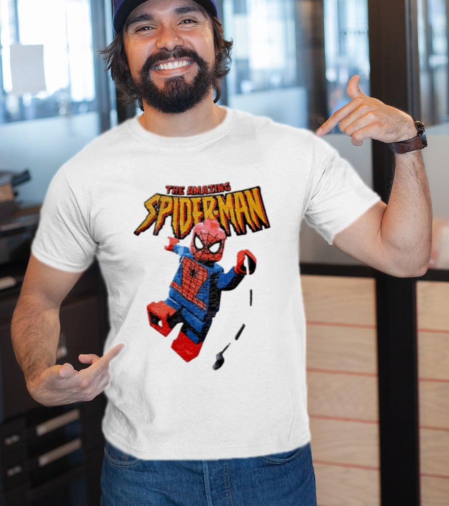Spider Man The Amazing Lego Minifigure Swinging On Web Iconic Marvel Hero T-Shirt