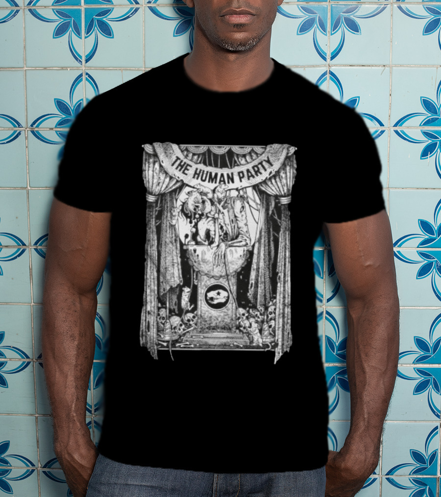The Human Party Macabre Skeleton Dark Gothic Stage Curtain Scene T-Shirt