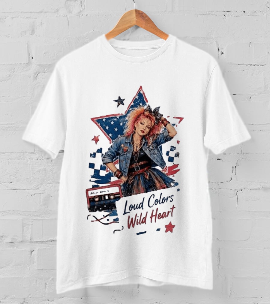 Cyndi Lauper Loud Colors Wild Heart Star Denim 80s Style Cassette T-Shirt