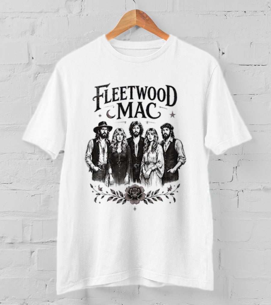 Fleetwood Mac Moonlit Harmony Silhouette With Crescent Moon And Floral Accents T-Shirt
