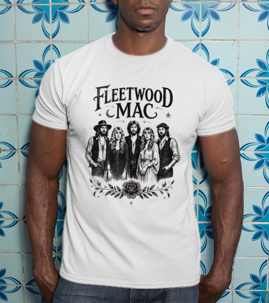 Fleetwood Mac Moonlit Harmony Silhouette With Crescent Moon And Floral Accents T-Shirt