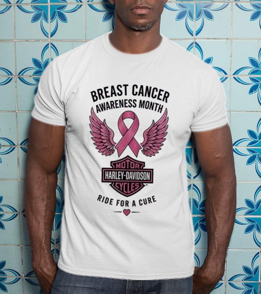 Breast Cancer Awareness Month Harley Davidson Motor Cycles Pink Ribbon Ride For A Cure T-Shirt