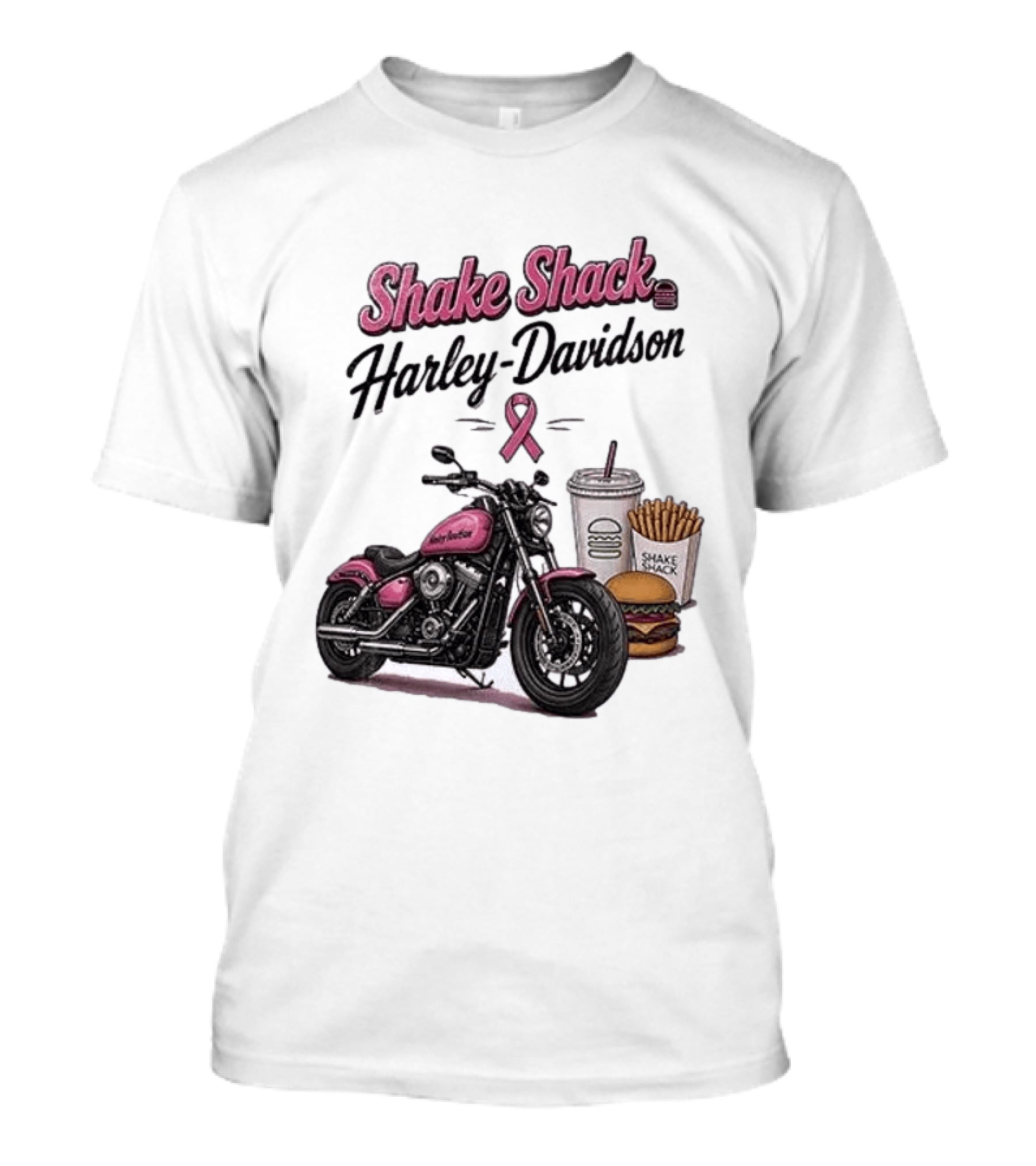 Shake Shack Harley Davidson Pink Ribbon Burger Fries Breast Cancer Awareness Month T-Shirt
