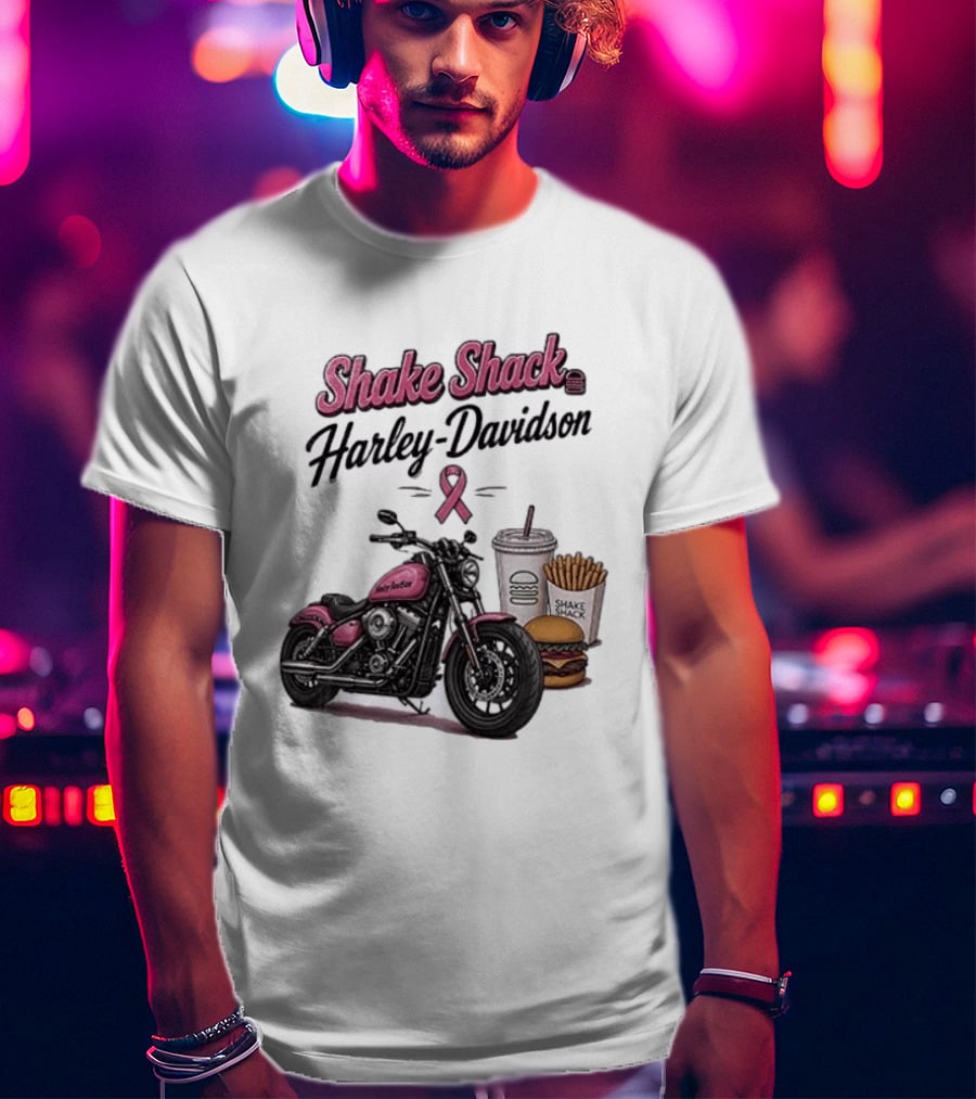 Shake Shack Harley Davidson Pink Ribbon Burger Fries Breast Cancer Awareness Month T-Shirt