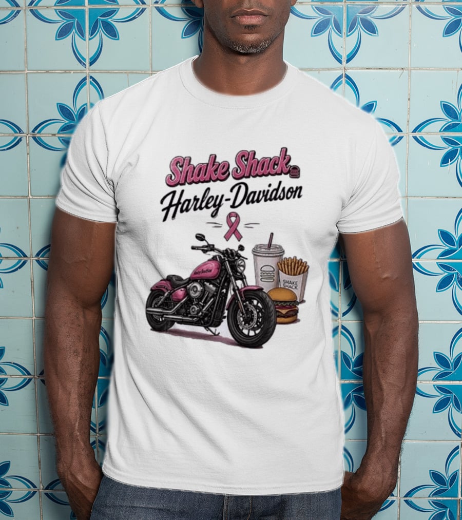 Shake Shack Harley Davidson Pink Ribbon Burger Fries Breast Cancer Awareness Month T-Shirt