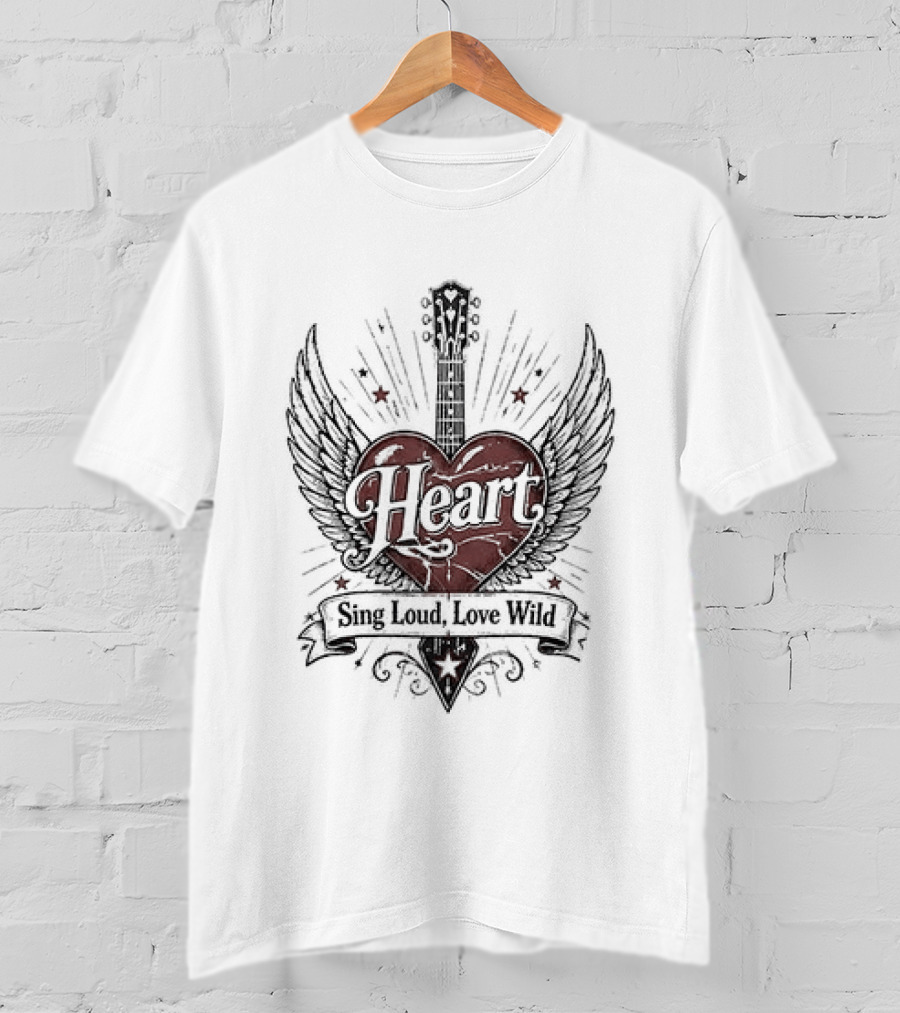 Heart Sing Loud Love Wild Wings Guitar T-Shirt