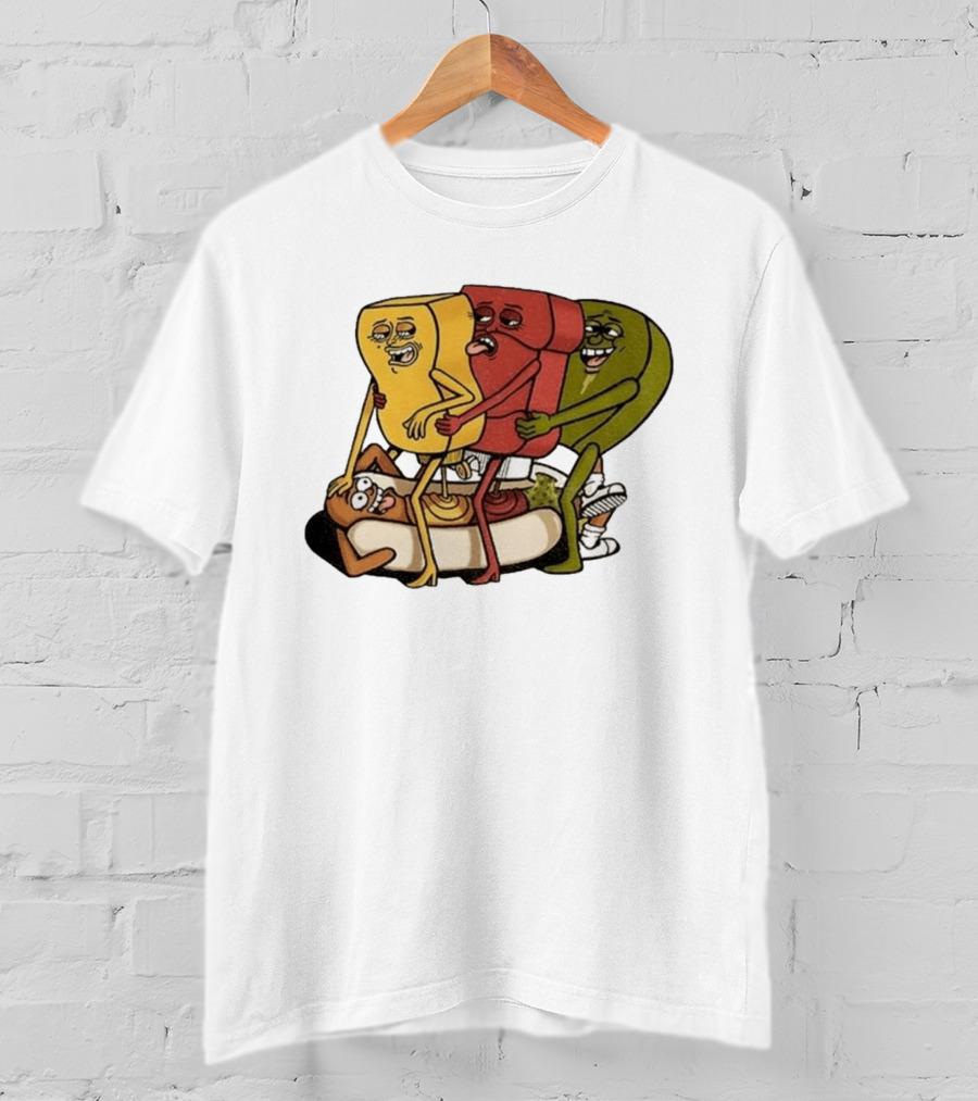 Hot Dog Topped With Mustard Ketchup And Relish Cartoon Characters T-Shirt
