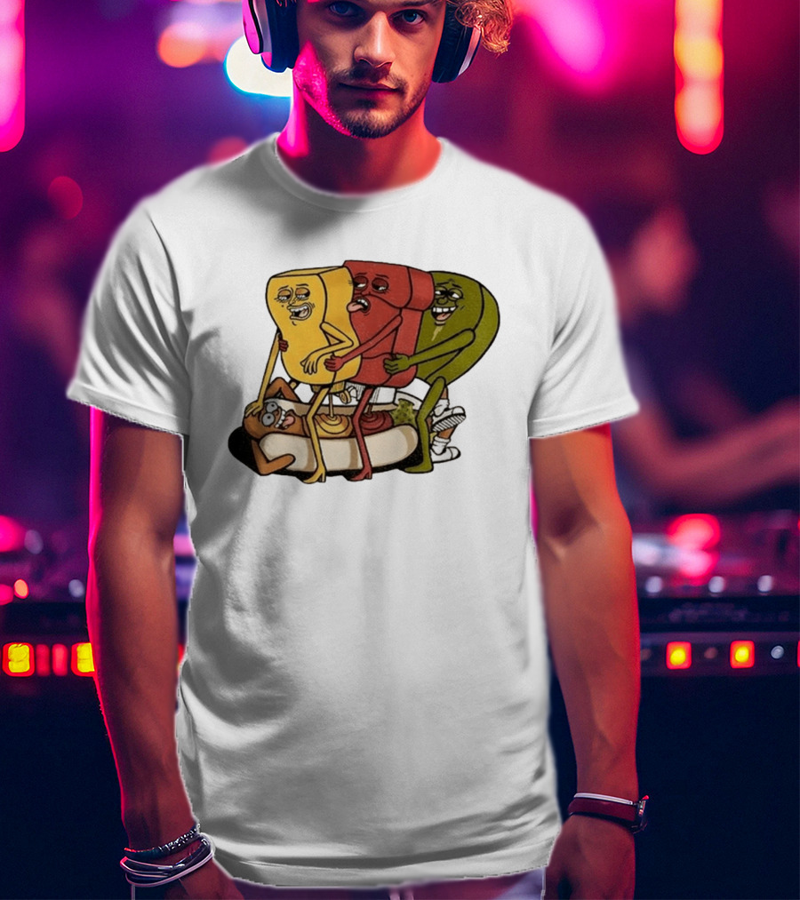 Hot Dog Topped With Mustard Ketchup And Relish Cartoon Characters T-Shirt
