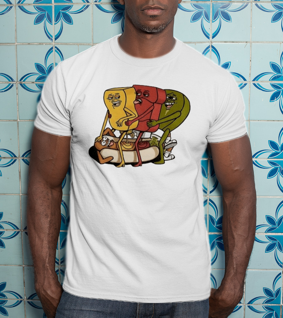 Hot Dog Topped With Mustard Ketchup And Relish Cartoon Characters T-Shirt