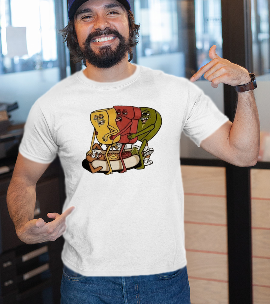 Hot Dog Topped With Mustard Ketchup And Relish Cartoon Characters T-Shirt