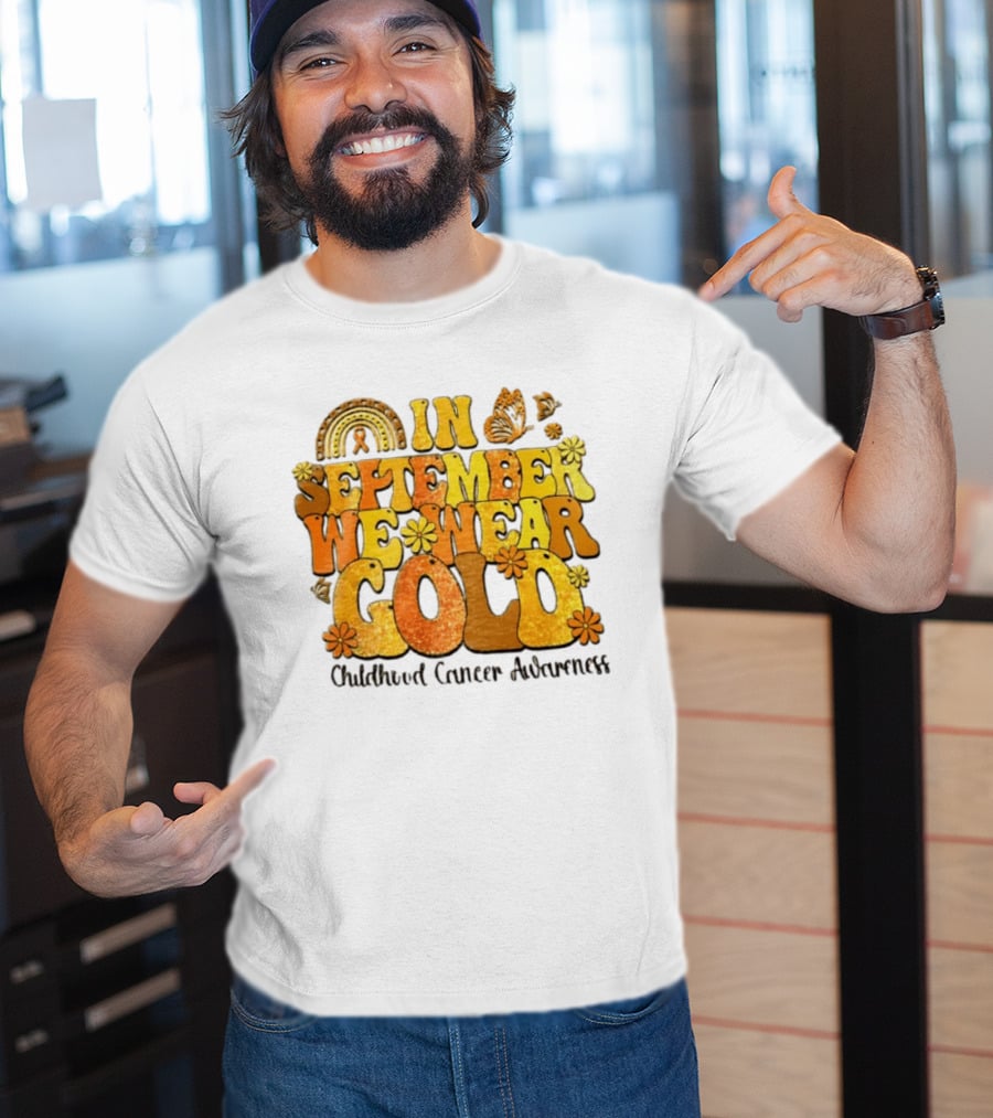 In September We Wear Gold Childhood Cancer Awareness Groovy Rainbow Butterfly Flower Motif T-Shirt