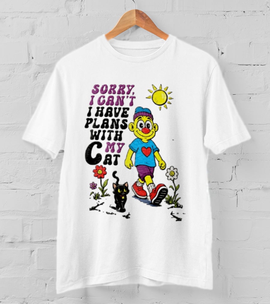 Sorry I Can't I Have Plans With My Cat Cartoon Yellow Figure Walking Sunflowers T-Shirt