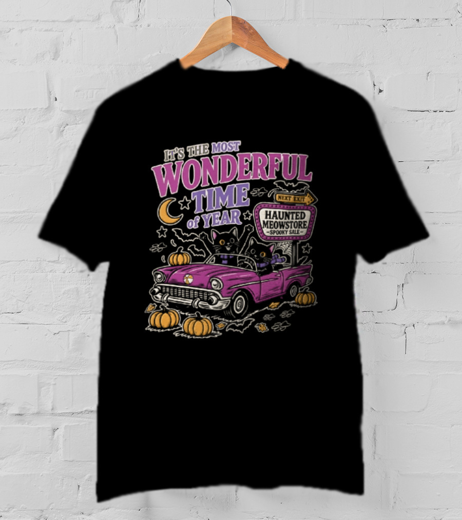 The Most Wonderful Time Of Year Halloween Cat And Pumpkins Retro Car T-Shirt