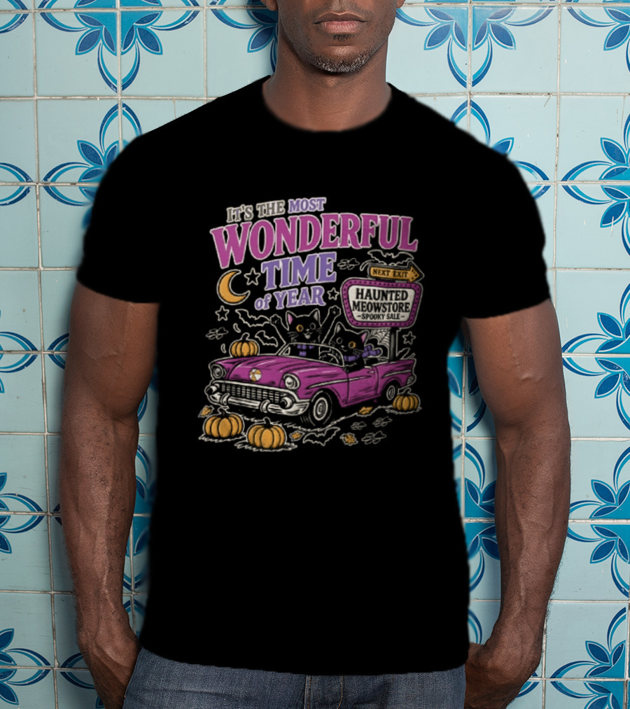 The Most Wonderful Time Of Year Halloween Cat And Pumpkins Retro Car T-Shirt