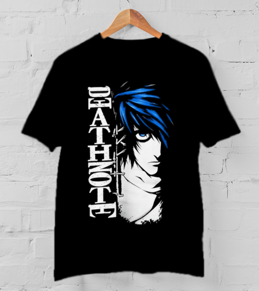 L From Death Note Distressed Anime Blue Hair White T-Shirt