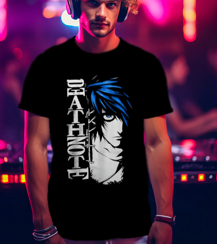 L From Death Note Distressed Anime Blue Hair White T-Shirt