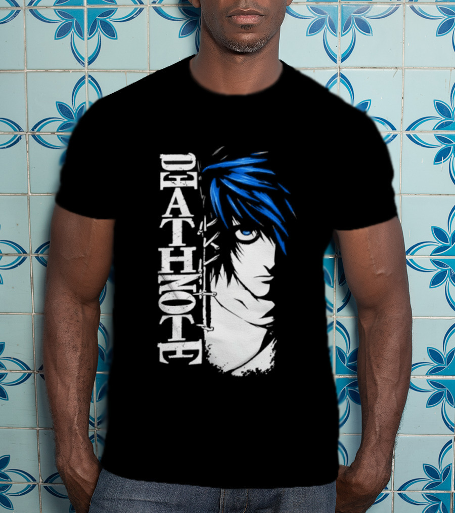 L From Death Note Distressed Anime Blue Hair White T-Shirt